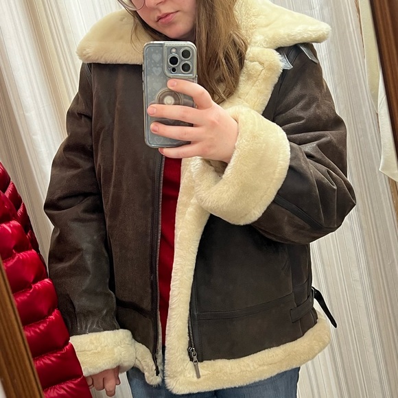 Vintage St. John's Bay Brown Leather Aviator Pilot Jacket with Sherpa Trim Smal - Picture 12 of 13